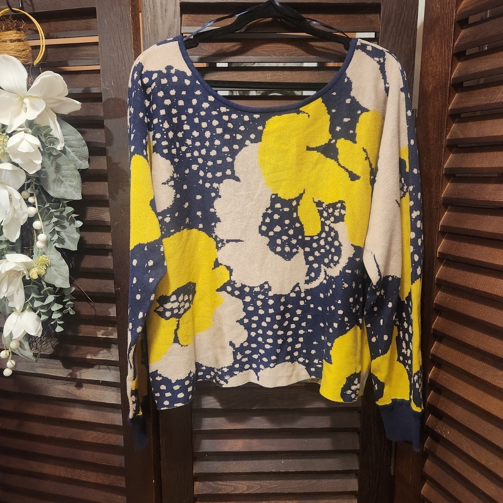 Daily Practice Off-the-Shoulder Floral Sweater - Navy, Yellow & Cream